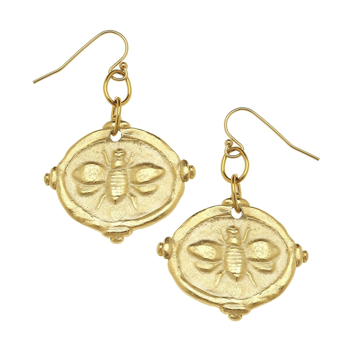 Gold Bee Intaglio Earrings featuring oval coin-style drops with a raised bee motif on fish hooks.