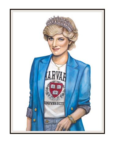 Framed giclée print of Princess Diana wearing a blue blazer over a Harvard t-shirt and a tiara.
