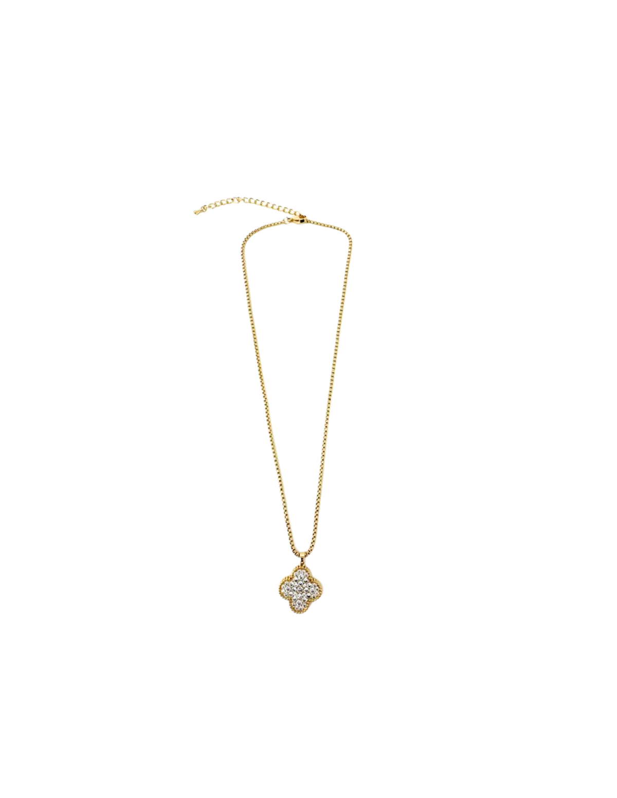 Gold chain necklace with a four-leaf clover pendant encrusted with clear cubic zirconia stones.