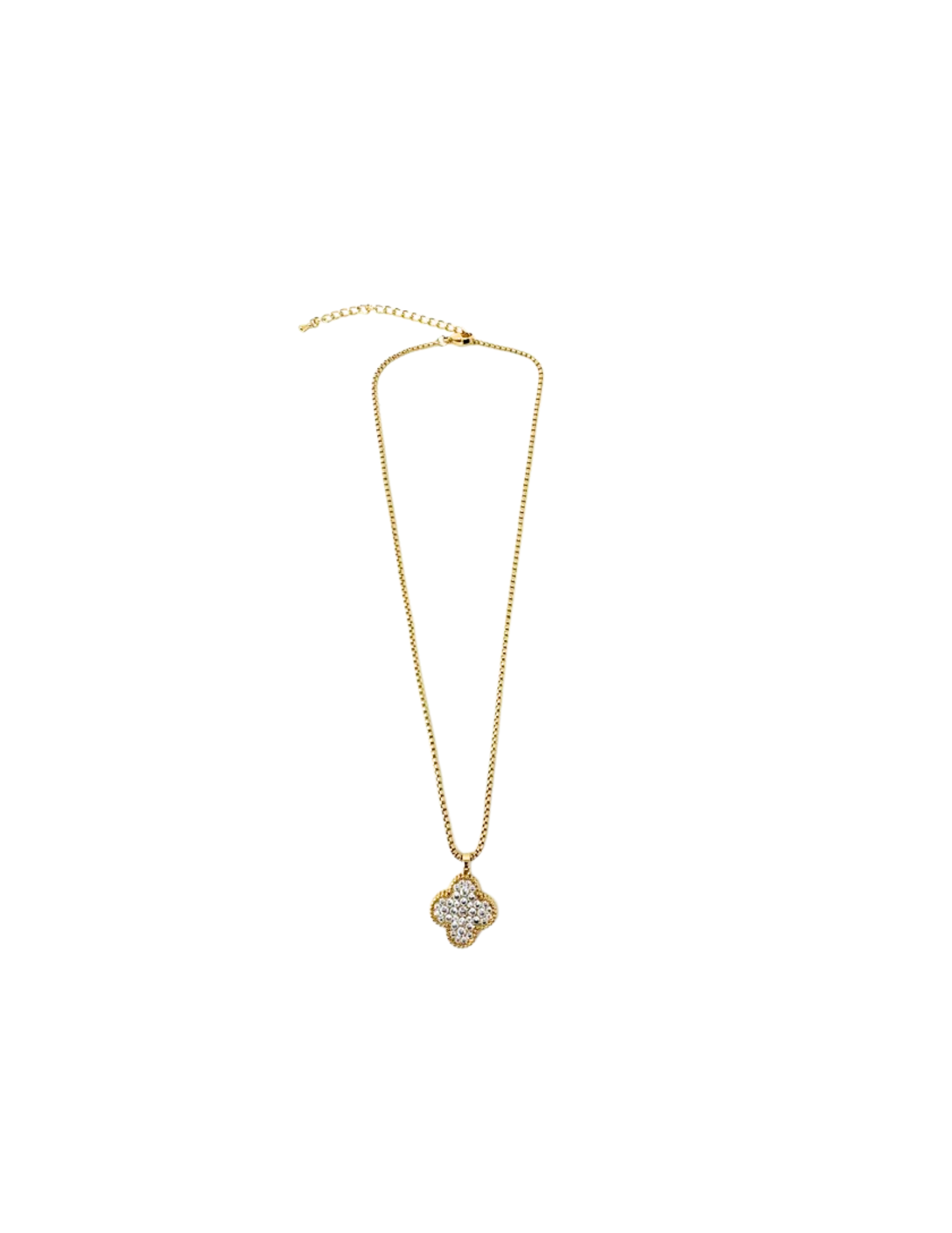 Gold chain necklace with a four-leaf clover pendant encrusted with clear cubic zirconia stones.