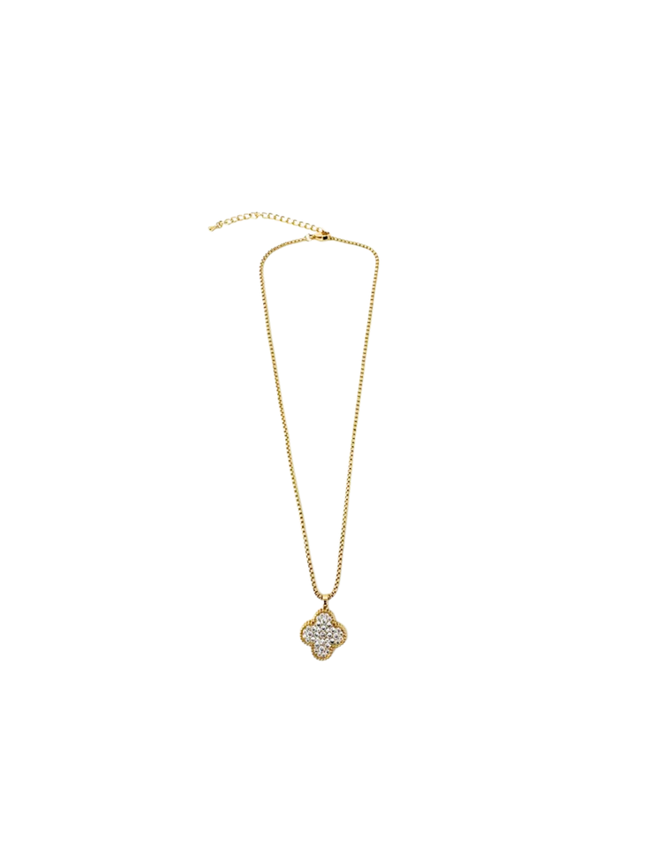 Gold chain necklace with a four-leaf clover pendant encrusted with clear cubic zirconia stones.