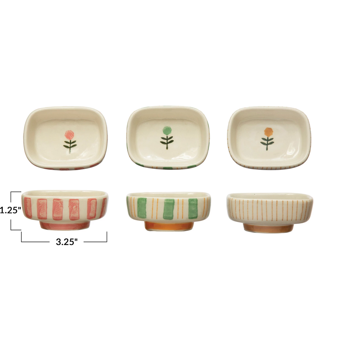 Hand-Painted Stoneware Dish with Stripes & Flower