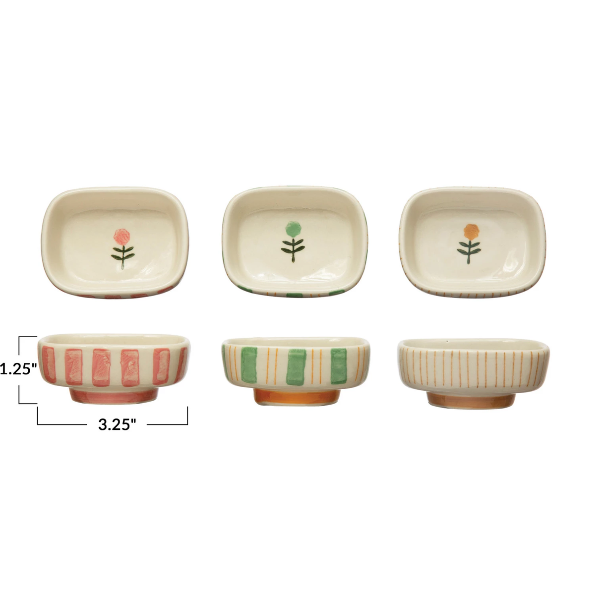 Hand-painted stoneware dish featuring blue stripes and a floral pattern with an oval silhouette.