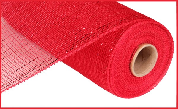 A roll of red metallic polypropylene mesh ribbon for crafting wreaths and garlands.
