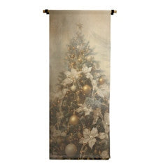 Vertical canvas scroll with neutral Christmas tree print on raw natural fabric.