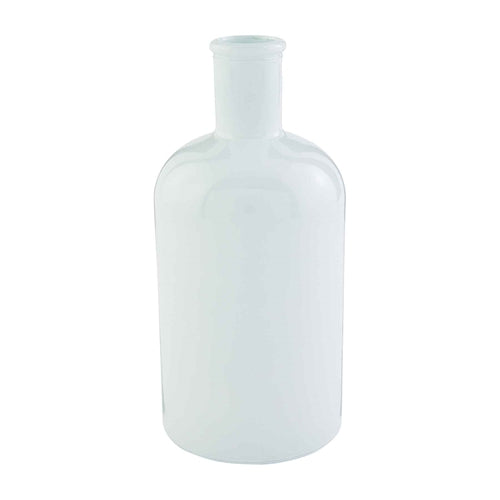 White glass vase with a narrow neck and wide cylindrical body.