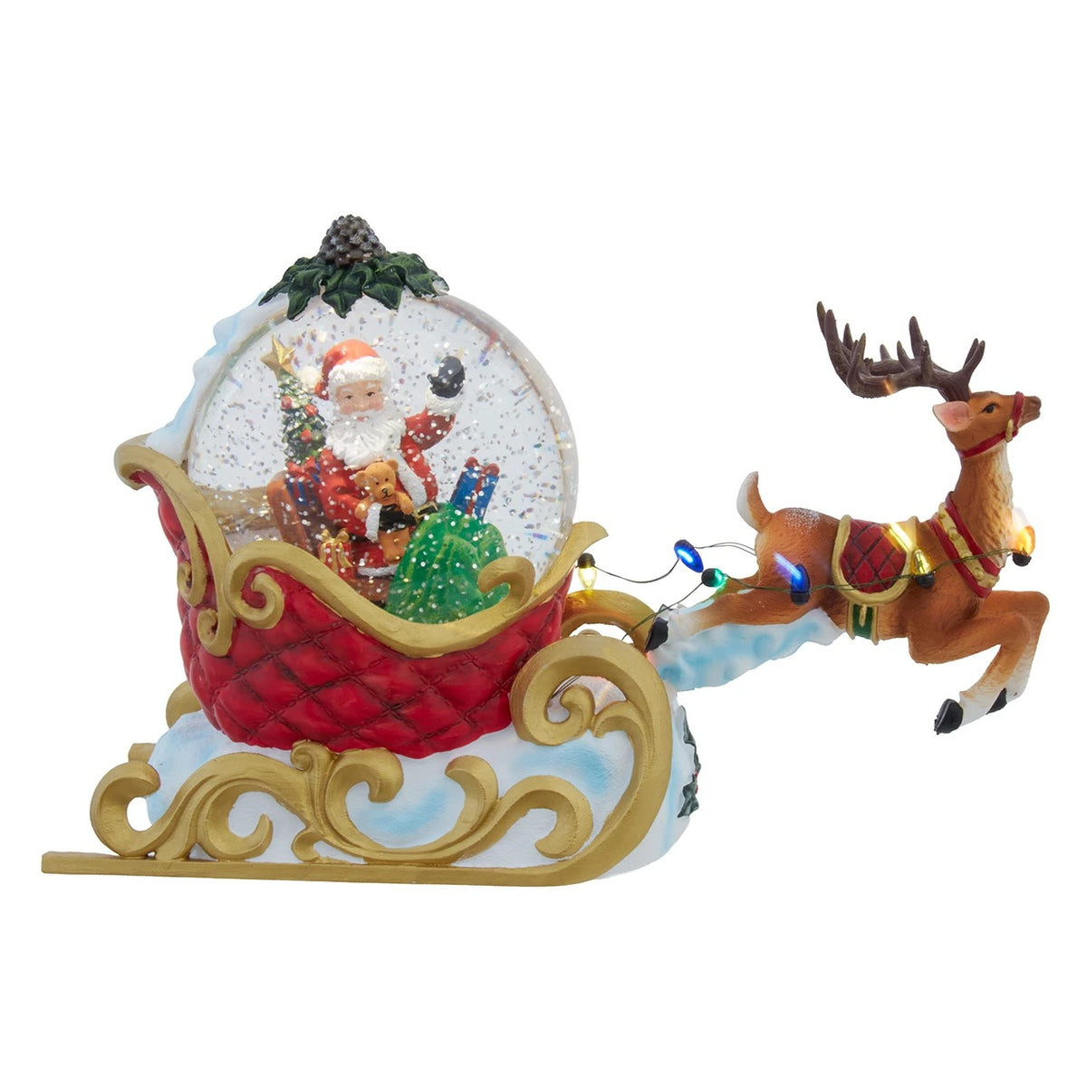 Musical lighted Santa in a snow globe sleigh pulled by a moving reindeer table piece.