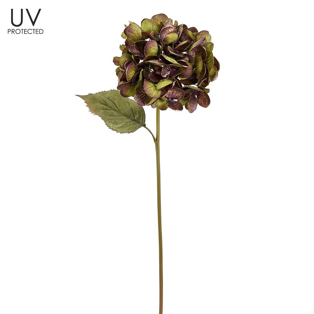22 inch UV protected shimmer hydrangea spray in purple and green with a single leaf and long stem.