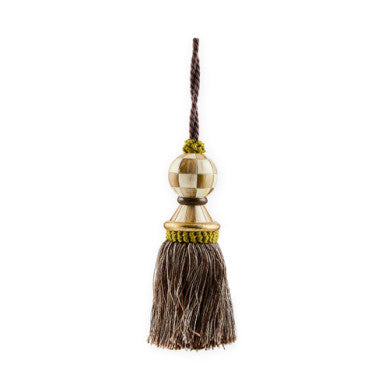 Hand-painted resin check tassel with fabric skirt in black and white.