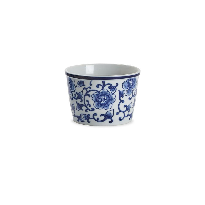 White ceramic deli container with a blue Chinoiserie floral vine pattern and a blue rim.
