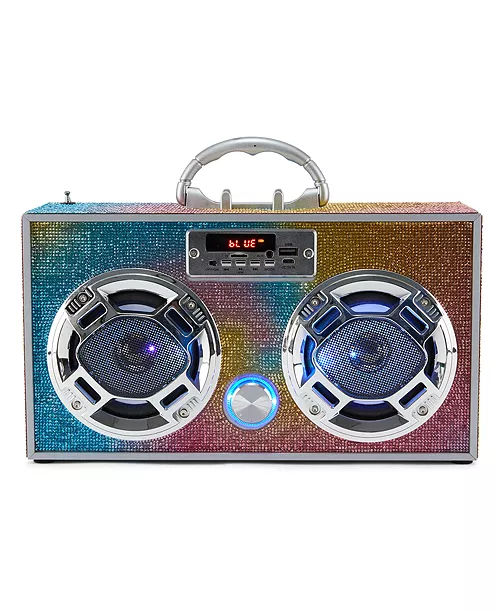 Wooden Bluetooth boombox with LED swirl lights, rhinestone accents, phone holder, and remote control.