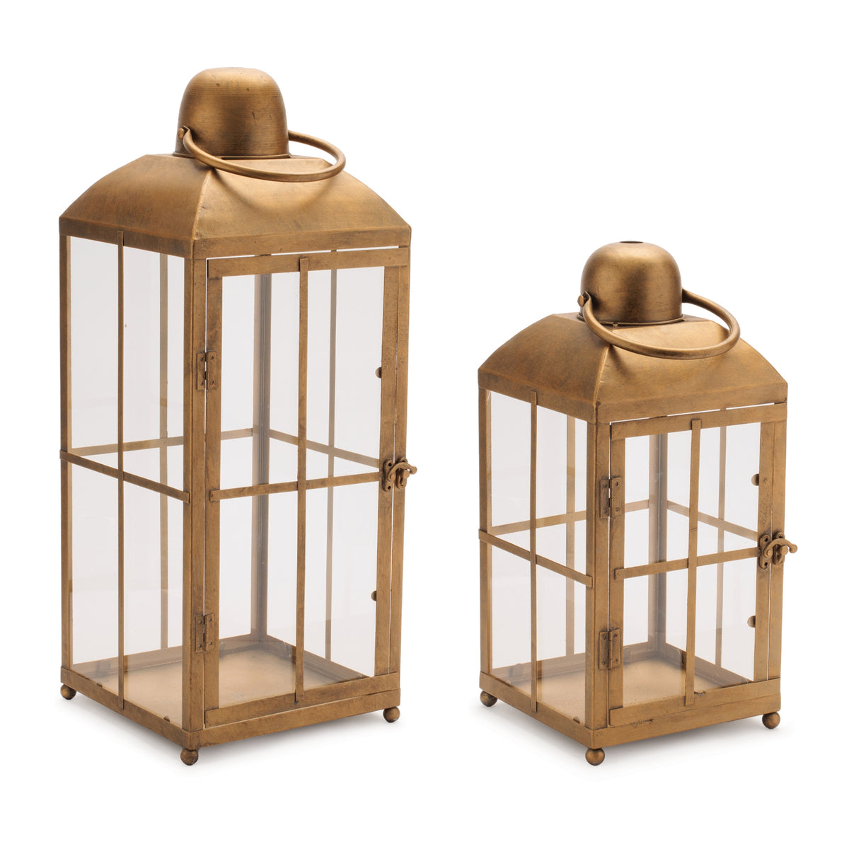 Metal lantern with glass panels featuring a geometric frame design