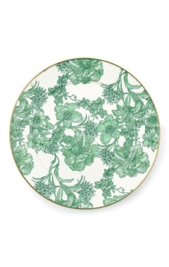 English Garden floral enamel charger with hand-applied transfers on heavy-gauge steel rimmed in bronzed stainless steel.