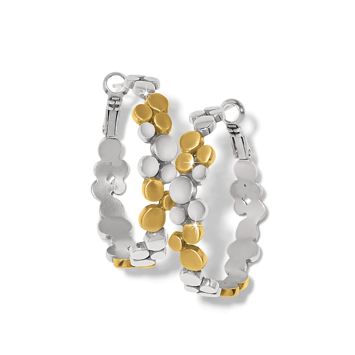 Two-tone post with lever back hoop earrings featuring a pebble edge finish.