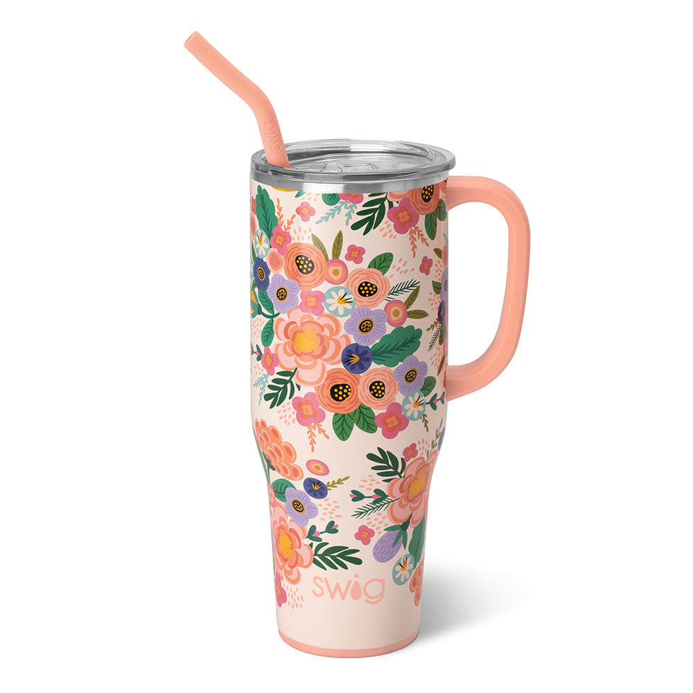 40oz Mega Mug in silver stainless steel with a comfort-grip handle, flexi-tip straw, and silicone base.