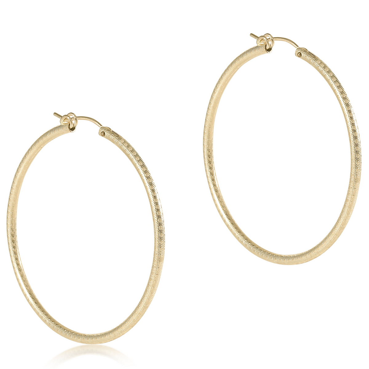 Pair of 2-inch 14kt gold-filled round hoop earrings with a textured finish and notch clasp.
