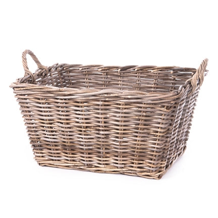 Grey rectangular rattan storage basket with shallow depth