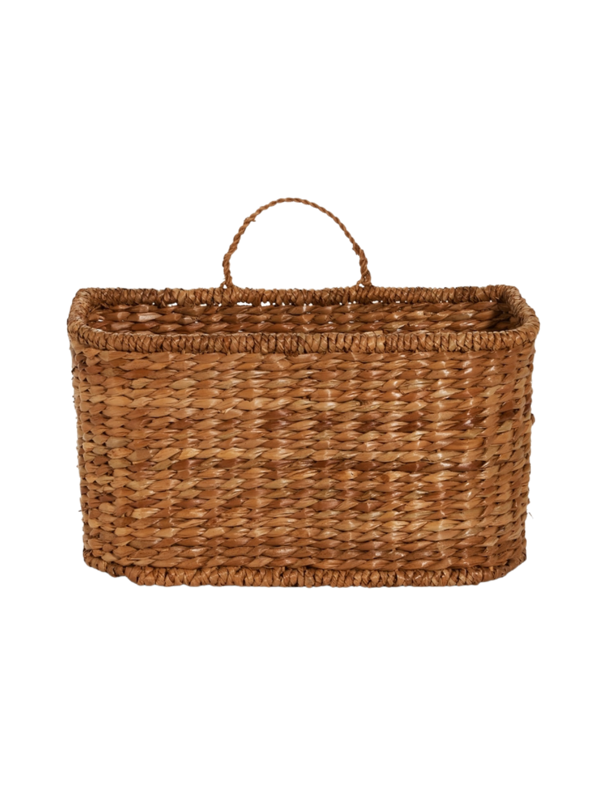 Rectangular woven water hyacinth basket with a single arched handle.