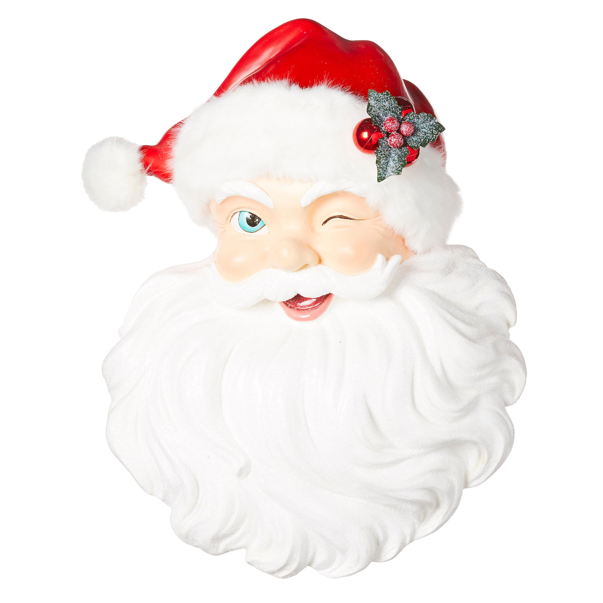Resin Santa face wall art with bright blue eyes, white fur hat trim, and a holly berry accent.