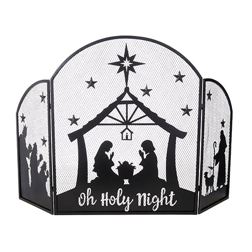 Black iron 48-inch three-panel nativity fire screen with 'Oh Holy Night' text and star of Bethlehem.