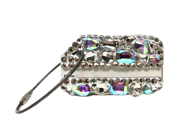 Rhinestone luggage tag with a wire loop and name card slot.