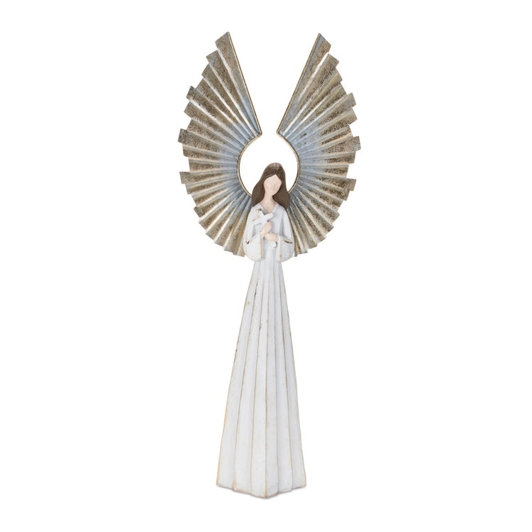 White and distressed metal angel figurine holding a white bird with large, fan-like wings.