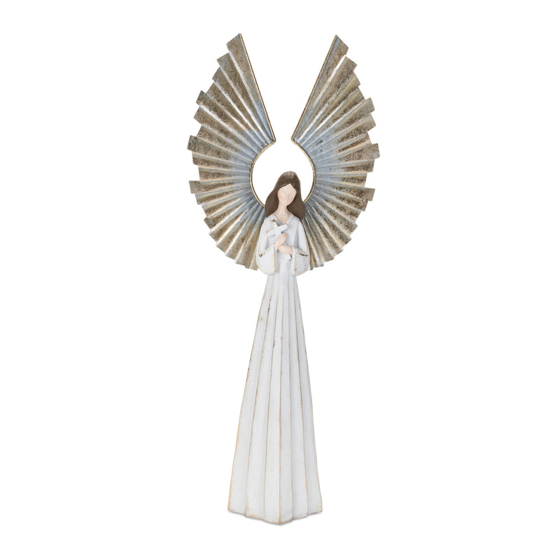White and distressed metal angel figurine holding a white bird with large, fan-like wings.