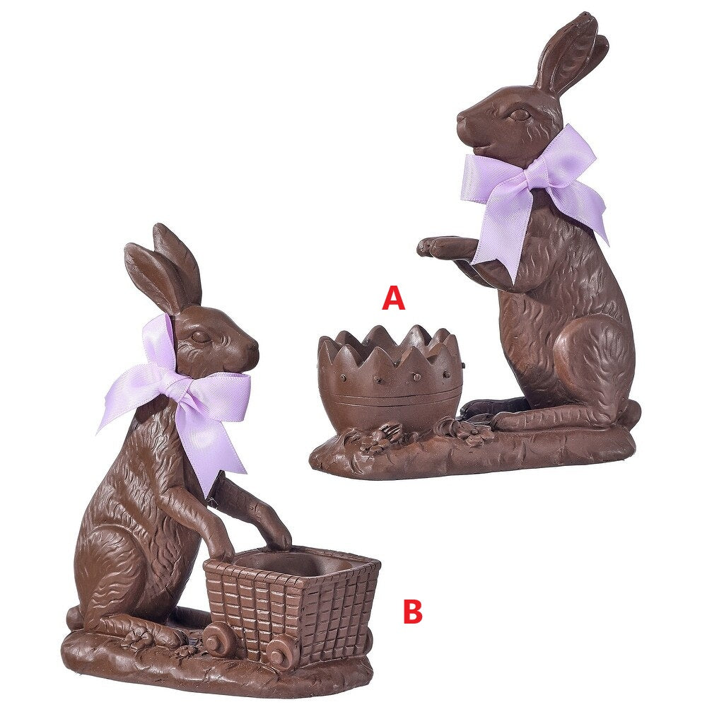 6.5-inch resin chocolate bunny figurine with a whimsical cart detail in brown and tan tones.