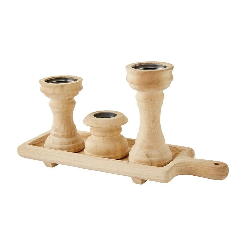 Rectangular Paulownia wood candlestick tray set with natural finish.