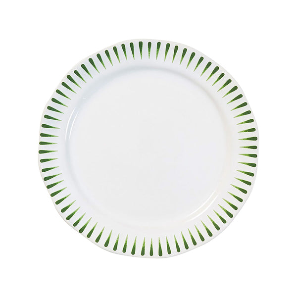 White ceramic Sitio Stripe dessert and salad plate with a green radial stripe pattern on the rim.