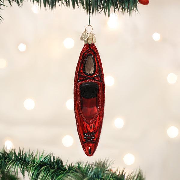 Red kayak ornament measuring 5.25 inches tall with a detailed boat silhouette.