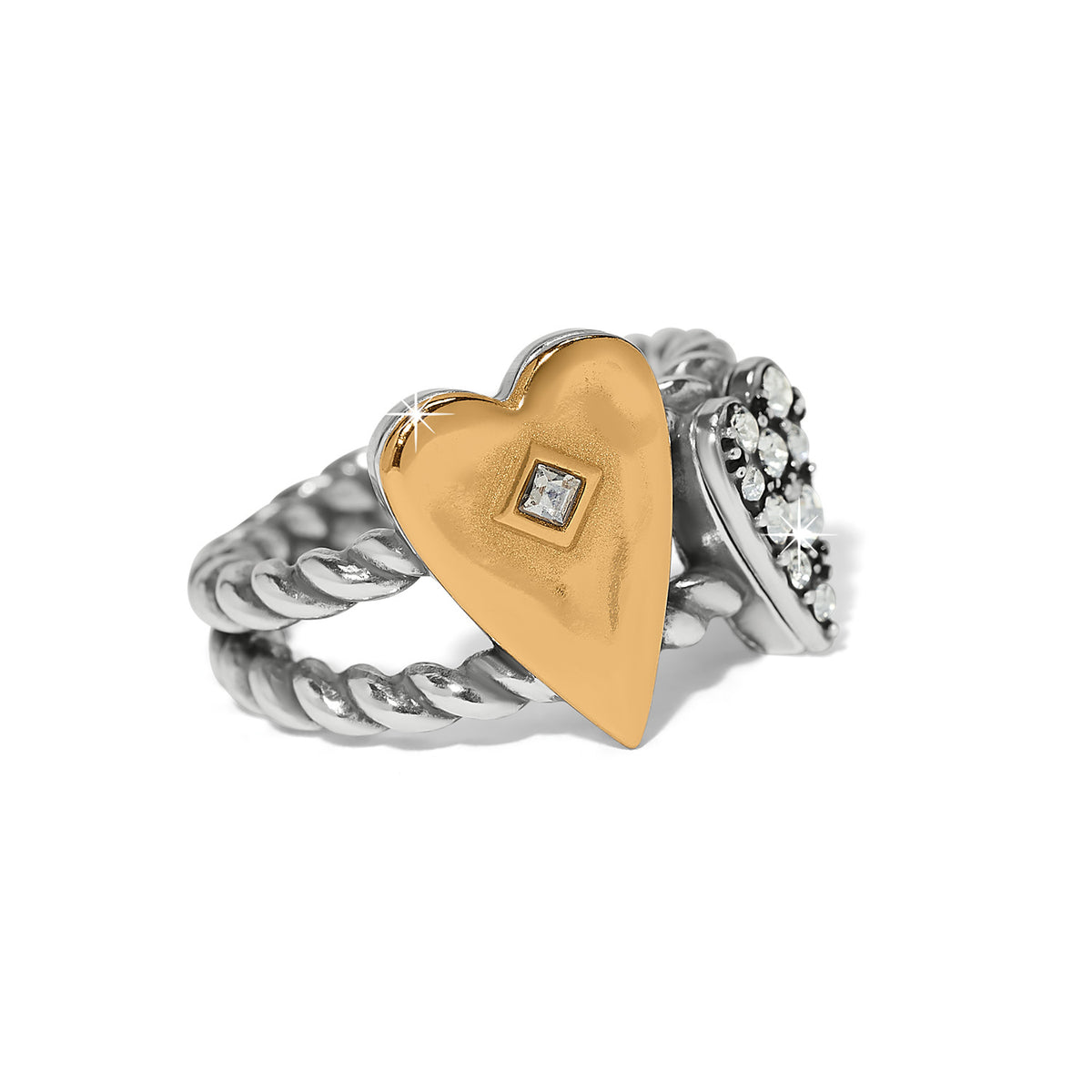 Two-tone silver and gold ring with a twisted band and two heart charms, one set with crystals.