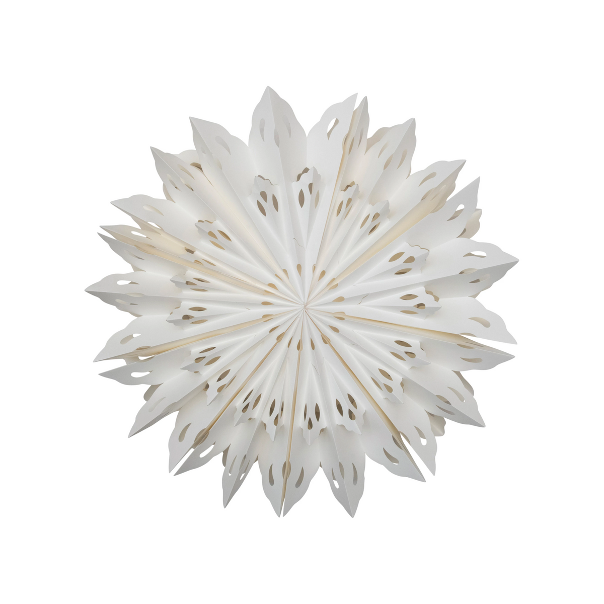 Large white paper snowflake ornament with intricate cut-out details and a star-like silhouette.