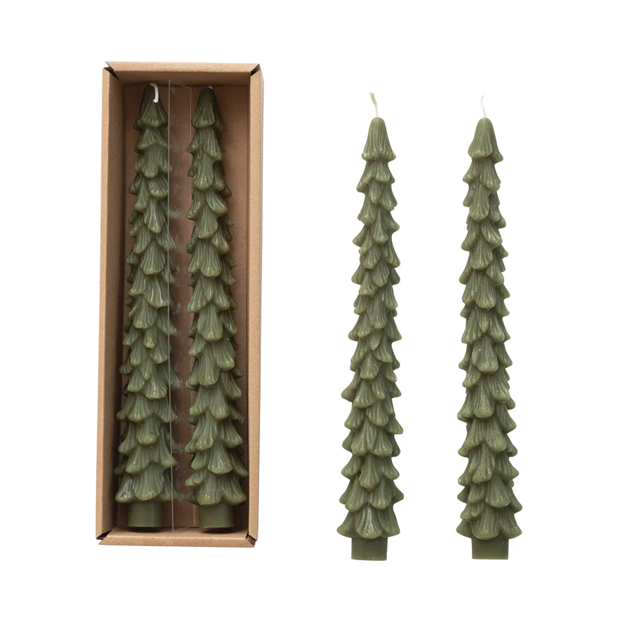 Unscented Evergreen tree-shaped taper candle made of paraffin wax with a sculptural silhouette.