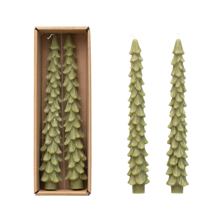 Cedar green paraffin wax taper candle with a tree-shaped sculptural silhouette.