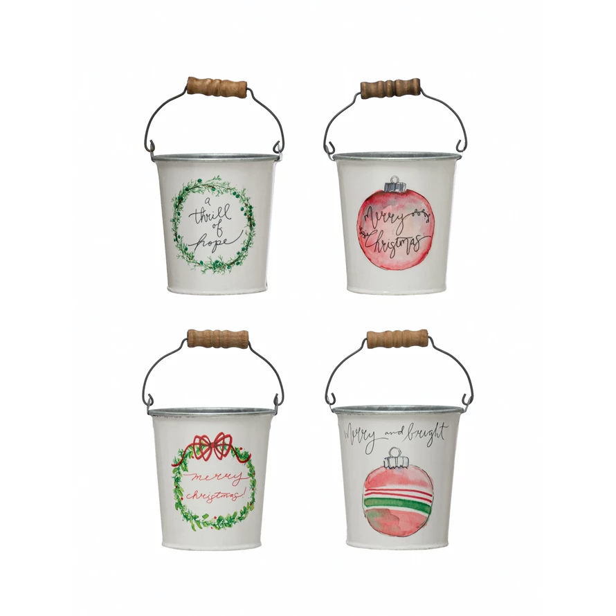 Metal bucket with handle in holiday theme featuring iron construction.