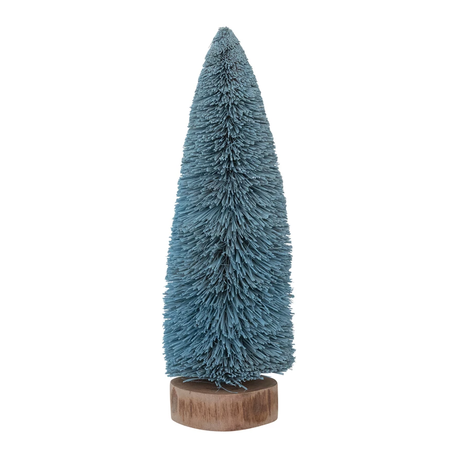 Blue sisal bottle brush tree with wood base on a shelf