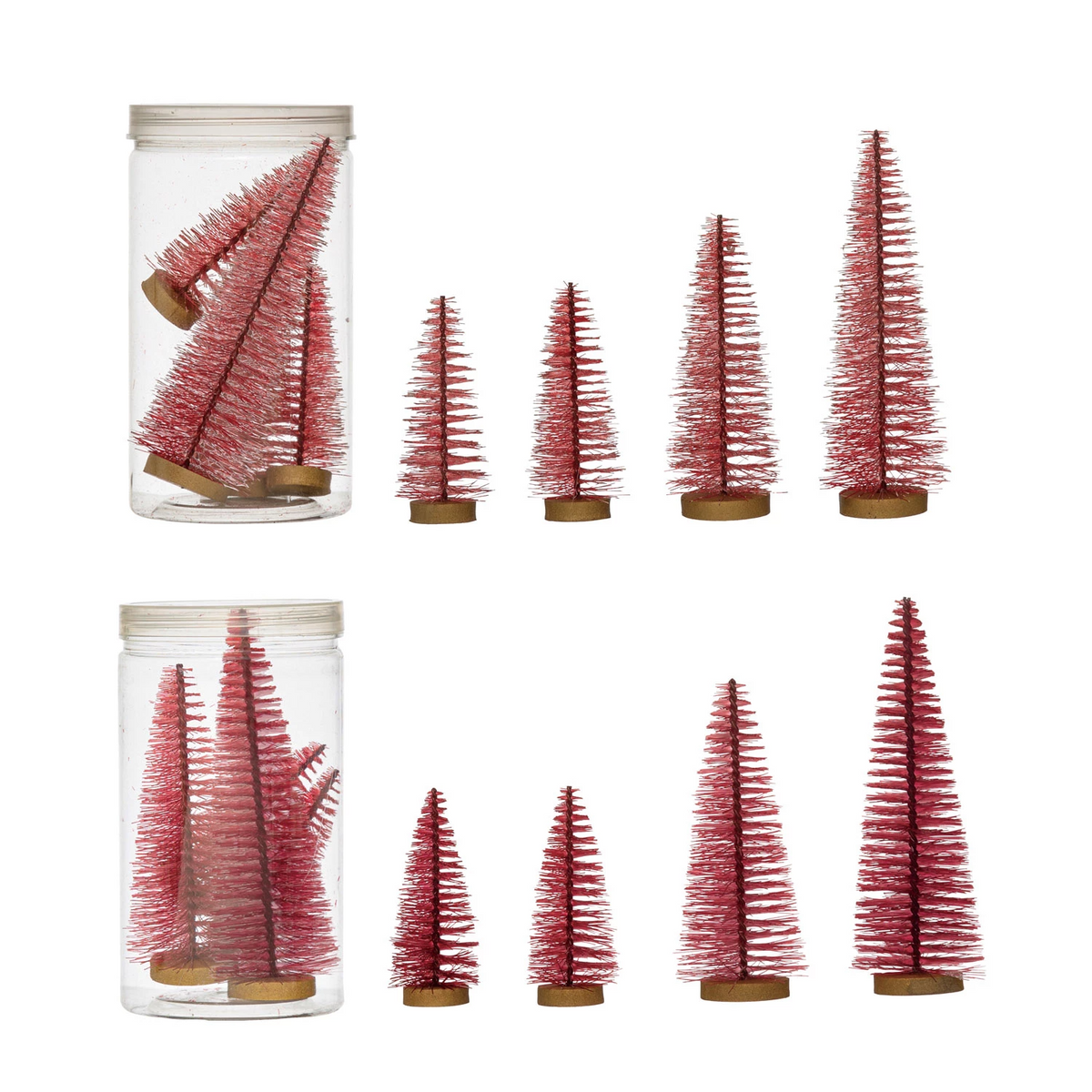 Plum-colored bottle brush tree figurine with wood base on a shelf