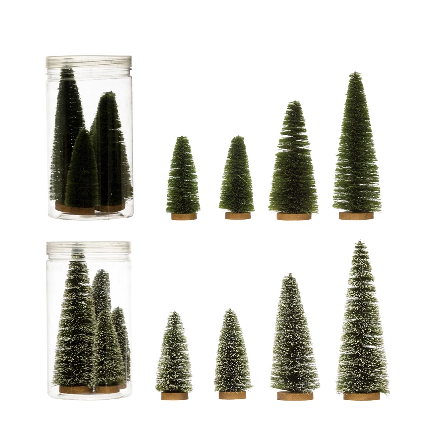 Wood base bottle brush tree with green PVC bristles shaped like pine branches.