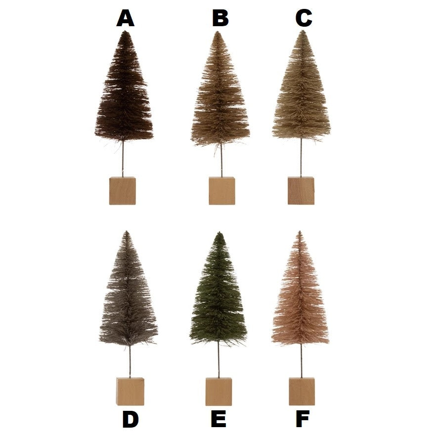 Six assorted 9-inch sisal bottle brush trees in various neutral and green tones on wood bases.