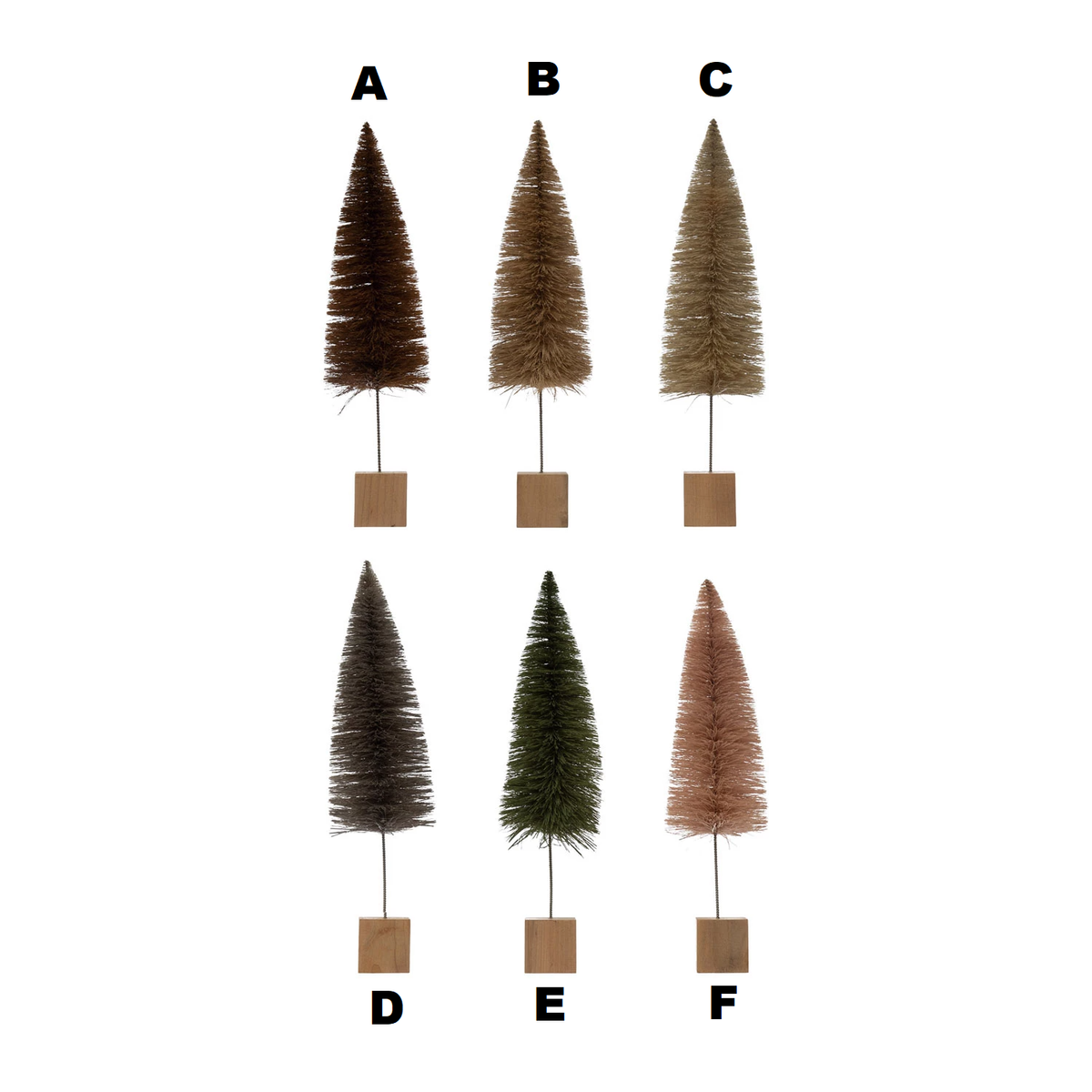 Rustic sisal bottle brush tree with natural brown fibers on a wooden base.
