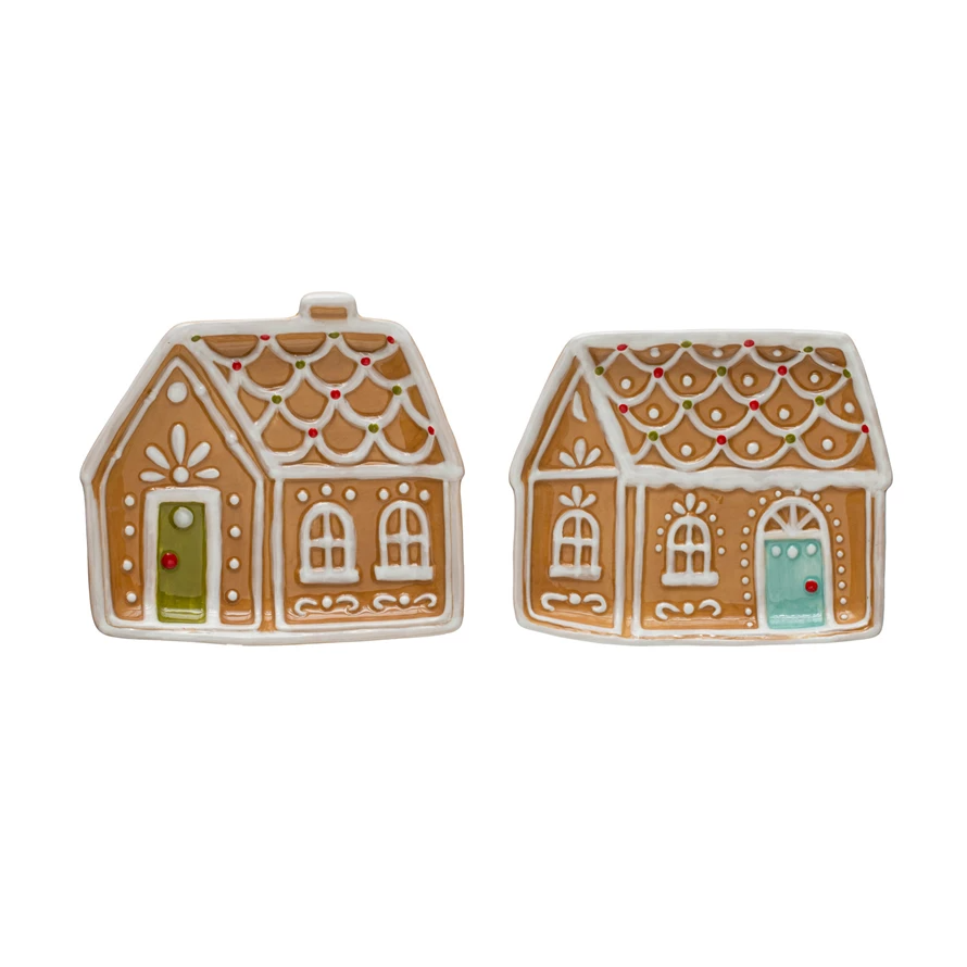 Multicolor ceramic plate shaped like a hand-painted gingerbread house with festive window and door details.
