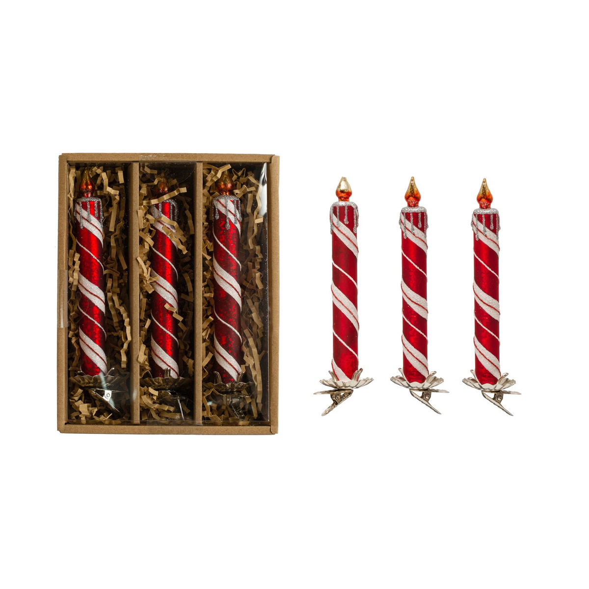 Red glass candle clip-on ornament with white stripes and glittery flame detail.