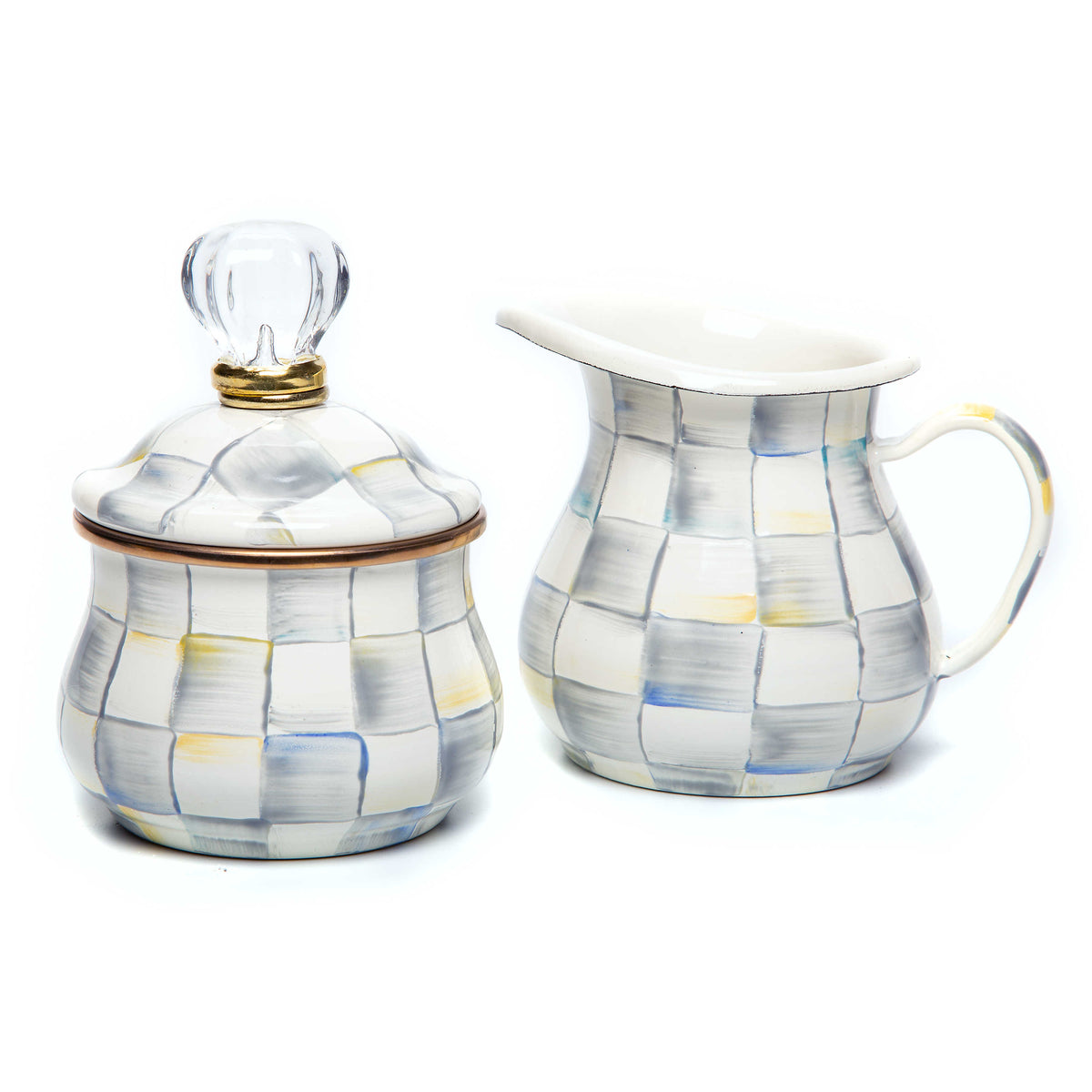 Hand-painted Sterling Check creamer and sugar bowl set with glass knob and bronze rim.