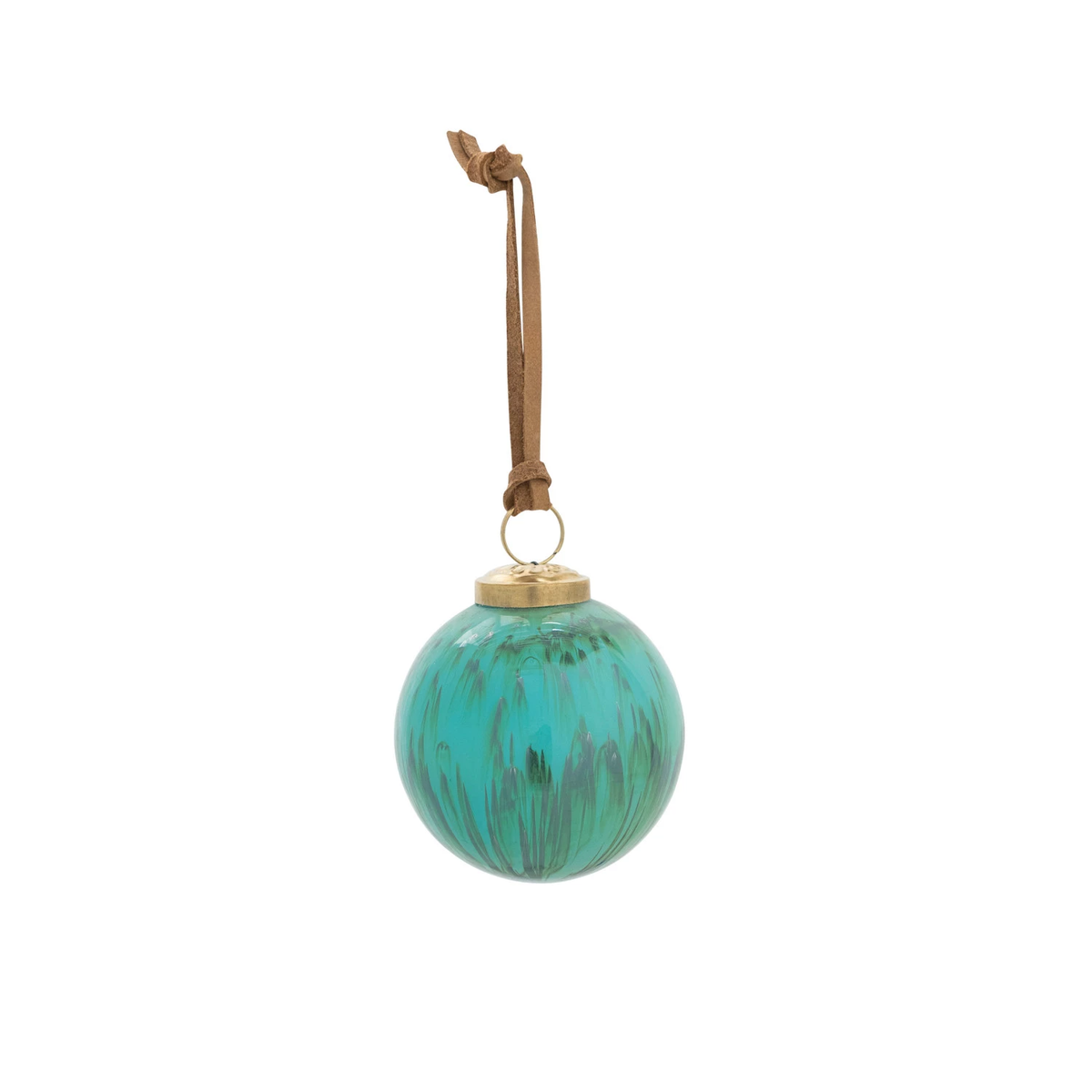 Hand-marbled turquoise glass ball ornament with a swirling white pattern.