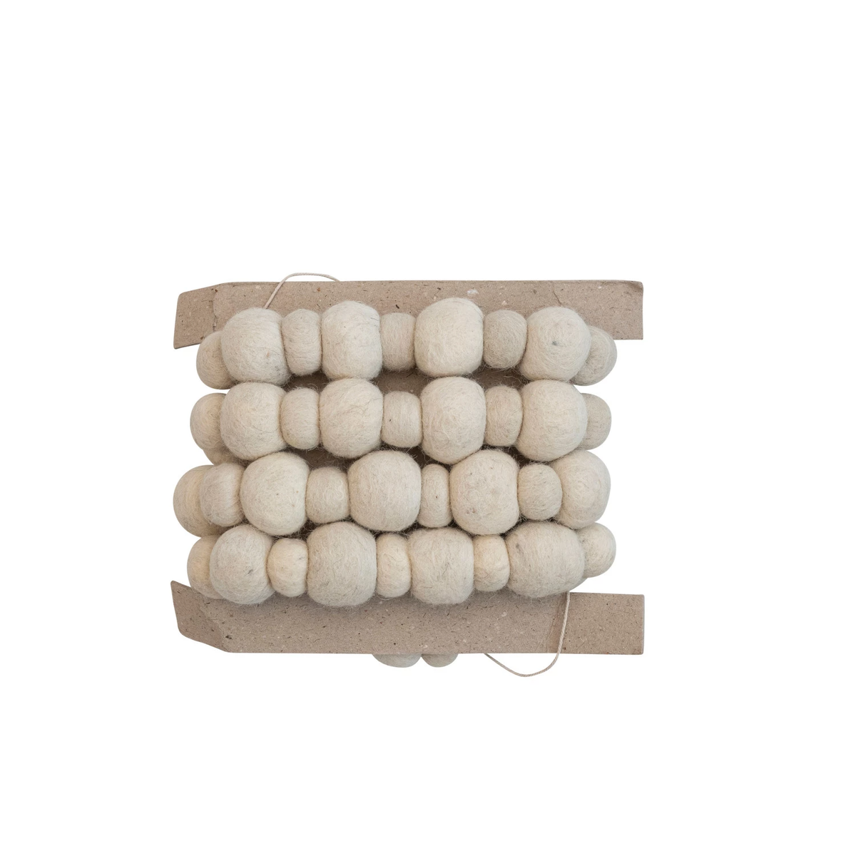 Handmade wool felt ball garland with colorful spherical shapes strung together.