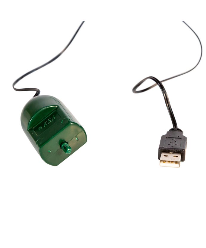 USB Twirl-It with green DC motor housing and a 24-inch black power cable.