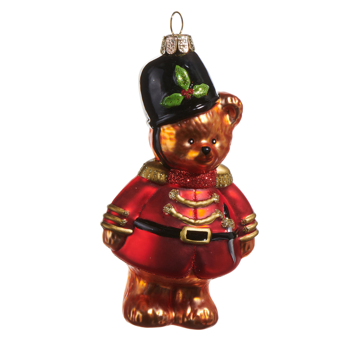 4.5-inch glass bear nutcracker ornament in a red uniform and black hat with holly detail.