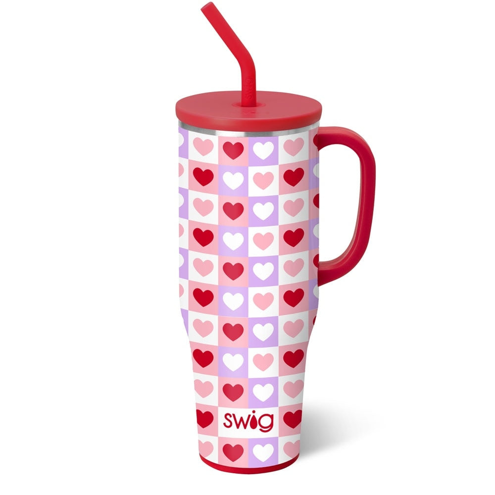 40oz Mega Mug in silver stainless steel with a comfort-grip handle, flexi-tip straw, and silicone base.