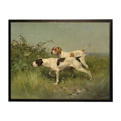 Vintage oil painting of two hunting dogs in a field, framed in wood behind glass, 16x12 inches.